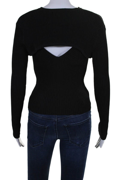 Wayf Womens Ribbed Textured V-Neck Long Sleeve 2-Piece Blouse Top Black Size XS