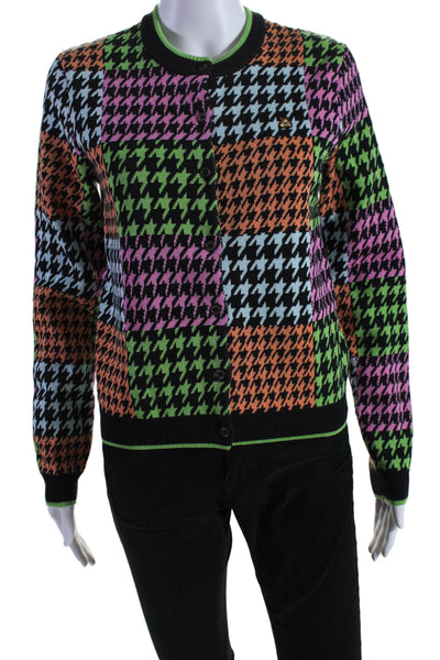 Teddy Fresh Womens Houndstooth Print Cardigan Sweater Multi Colored Size Small