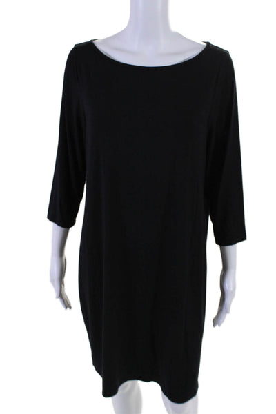 Eileen Fisher Womens Stretch Round Neck Long Sleeve Shirt Dress Black Size L