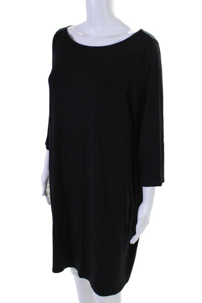 Eileen Fisher Womens Stretch Round Neck Long Sleeve Shirt Dress Black Size L