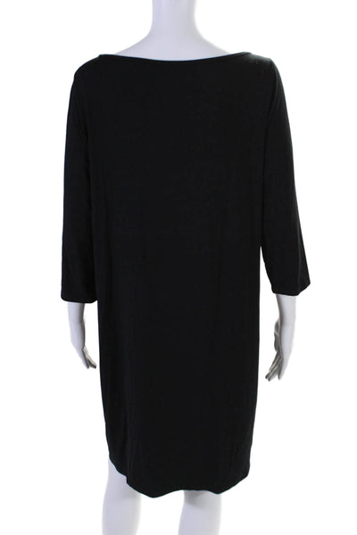 Eileen Fisher Womens Stretch Round Neck Long Sleeve Shirt Dress Black Size L