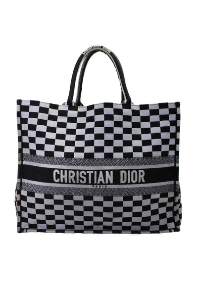 Christian Dior 2018 Womens Large Checkered Book Tote Handbag White Black Canvas