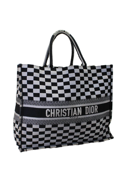 Christian Dior 2018 Womens Large Checkered Book Tote Handbag White Black Canvas