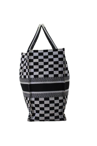 Christian Dior 2018 Womens Large Checkered Book Tote Handbag White Black Canvas