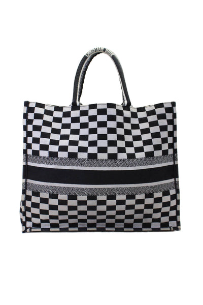 Christian Dior 2018 Womens Large Checkered Book Tote Handbag White Black Canvas