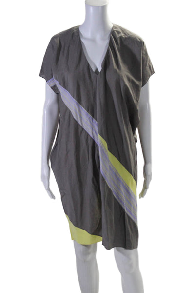 Rubin Chapelle Womens Short Sleeve V Neck Striped Dress Gray Yellow Size Medium