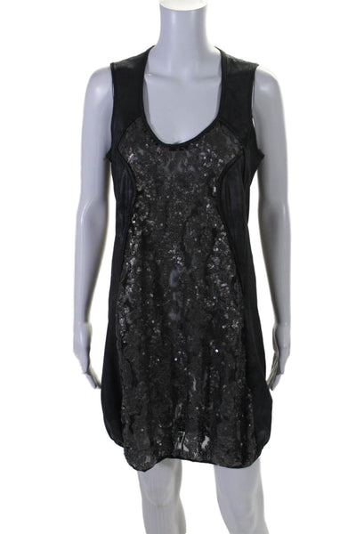 Beate Heymann Womens Long Sleeve V Neck Sequin Faux Leather Dress Black Size 8