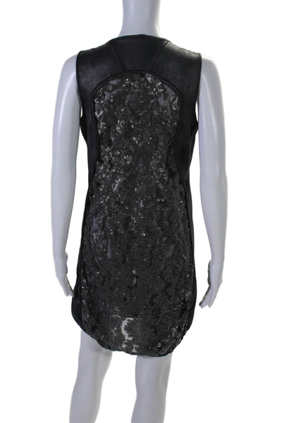 Beate Heymann Womens Long Sleeve V Neck Sequin Faux Leather Dress Black Size 8