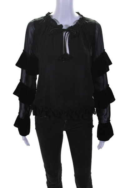 Misa Womens V Neck Long Sleeve Tiered Ruffled Blouse Black Size XS