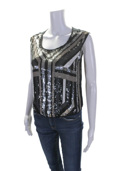 Chan Luu Womens Sequin Scoop Neck Sleeveless Blouse Black Size M