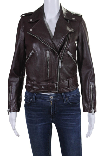 Allsaints Womens Leather Collared Zipped Motorcycle Jacket Burgundy Size 2
