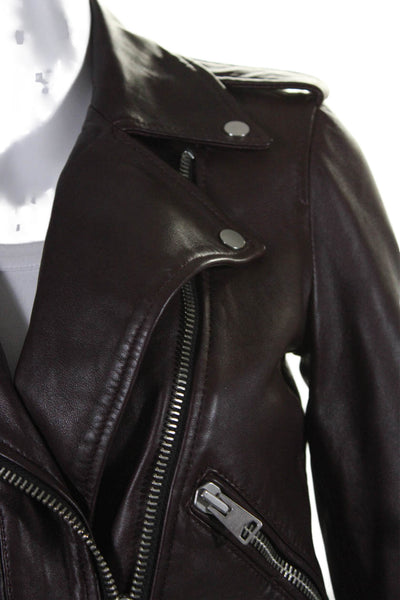 Allsaints Womens Leather Collared Zipped Motorcycle Jacket Burgundy Size 2