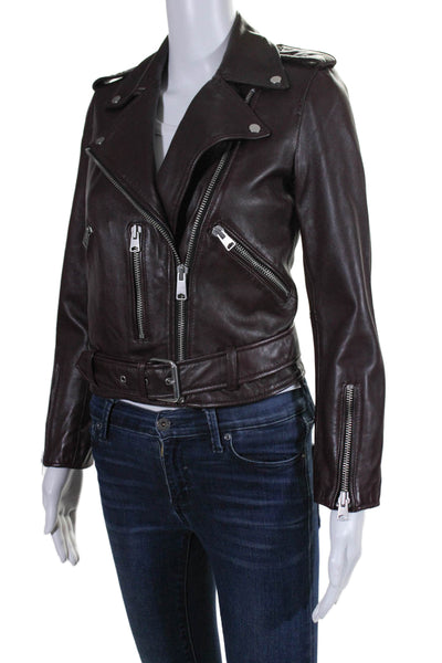 Allsaints Womens Leather Collared Zipped Motorcycle Jacket Burgundy Size 2