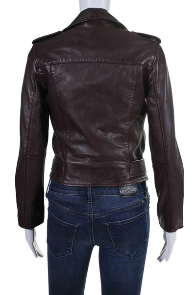 Allsaints Womens Leather Collared Zipped Motorcycle Jacket Burgundy Size 2