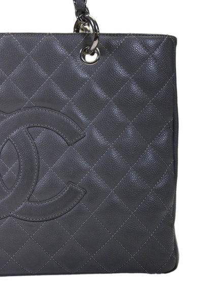 Chanel Womens Leather Grand Shopping Quilted Zipp Chain Strap Tote Handbag Gray