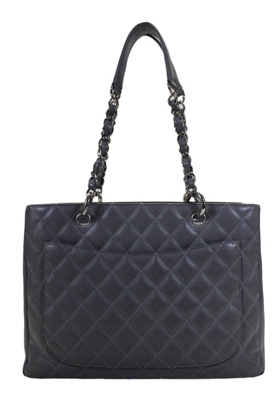 Chanel Womens Leather Grand Shopping Quilted Zipp Chain Strap Tote Handbag Gray