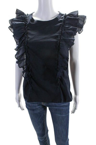 Veronica Beard Women's Round Neck Ruffle Cap Sleeves Blouse Navy Blue Size M