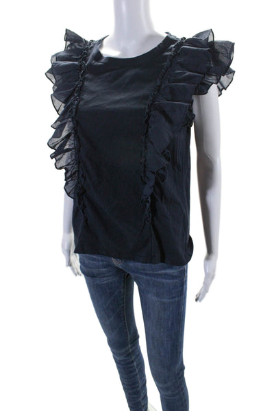 Veronica Beard Women's Round Neck Ruffle Cap Sleeves Blouse Navy Blue Size M