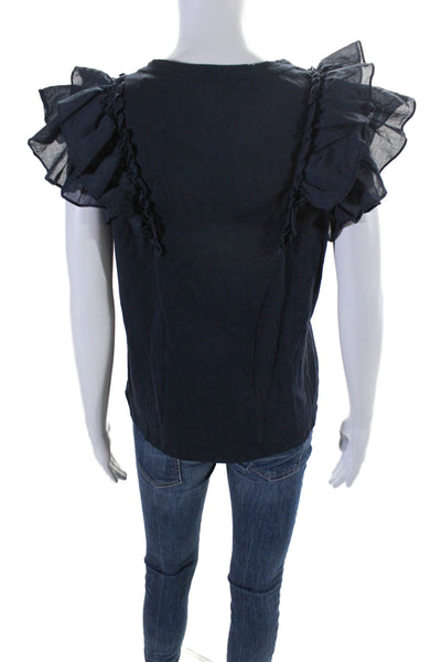 Veronica Beard Women's Round Neck Ruffle Cap Sleeves Blouse Navy Blue Size M