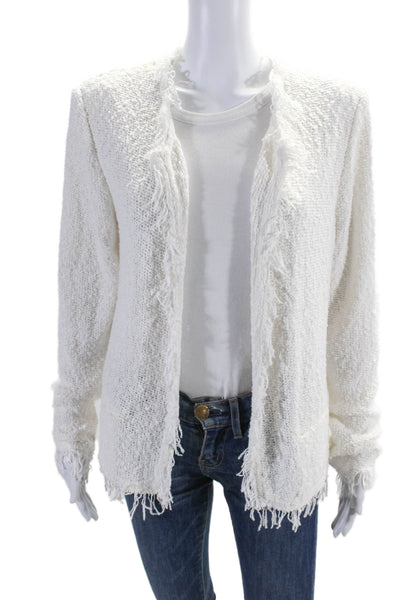 IRO Women's Round Neck Long Sleeves Fringe Open Front Cardigan White Size 44