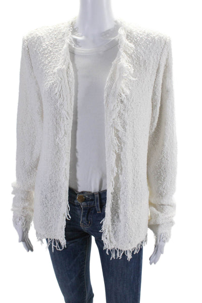 IRO Women's Round Neck Long Sleeves Fringe Open Front Cardigan White Size 44