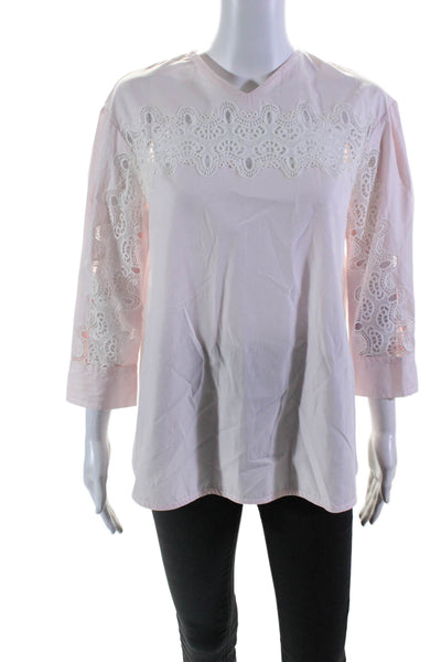 Sandro Women's Round Neck Long Sleeves Lace Trim Blouse Pink Size 3