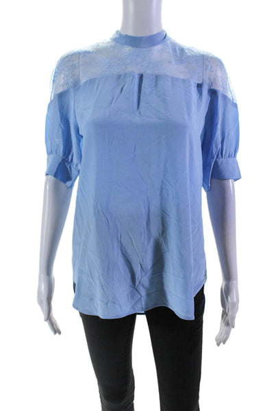 Sandro Women's Round Neck Short Sleeves Lace Trim Silk Blouse Blue Size 3