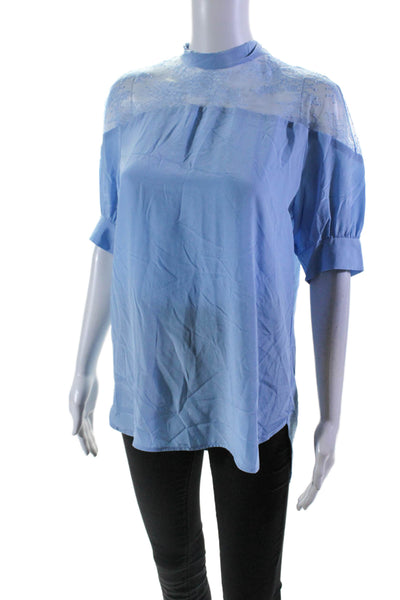 Sandro Women's Round Neck Short Sleeves Lace Trim Silk Blouse Blue Size 3