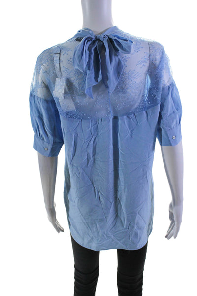 Sandro Women's Round Neck Short Sleeves Lace Trim Silk Blouse Blue Size 3