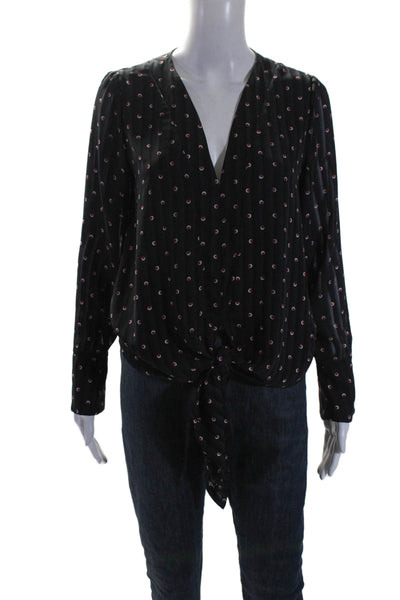 Alexis Women's V-Neck Long Sleeves Tie Front Polka Dot Blouse Black Size S