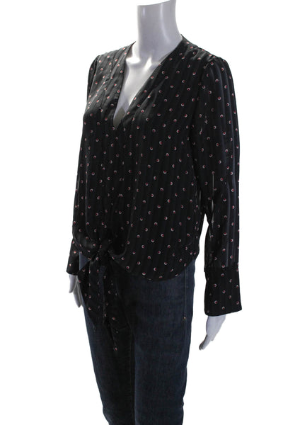 Alexis Women's V-Neck Long Sleeves Tie Front Polka Dot Blouse Black Size S