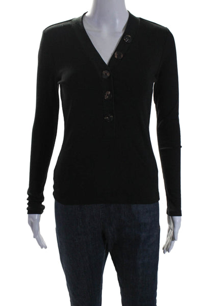 ASKKNY Women's V-Neck Long Sleeve Half Button Ribbed Blouse Black Size 0