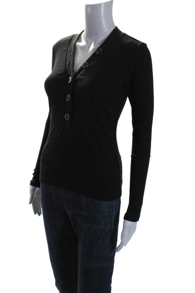 ASKKNY Women's V-Neck Long Sleeve Half Button Ribbed Blouse Black Size 0