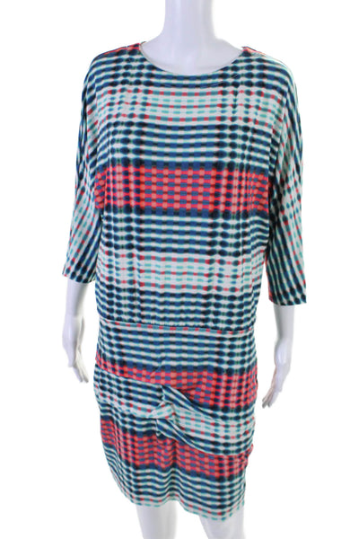 Nicole Miller Womens 3/4 Sleeve Scoop Neck Printed Dress Blue White Red Medium