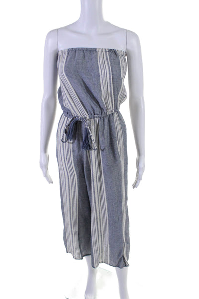 Elan Womens Strapless Vertical Striped Wide Leg Jumpsuit Blue White Size Medium