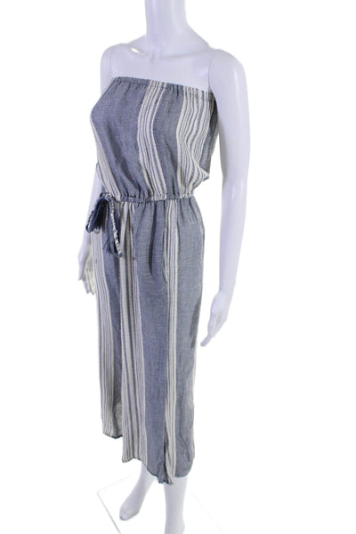 Elan Womens Strapless Vertical Striped Wide Leg Jumpsuit Blue White Size Medium