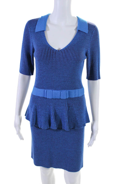 Nanette Lepore Womens Back Zip Short Sleeve Ribbed Dress Blue Wool Size Medium