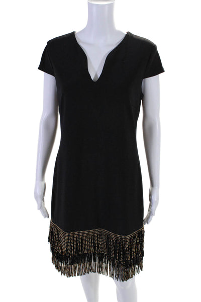 Frank Lyman Womens Back Zip Short Sleeve Studded Fringe Dress Black Size 10