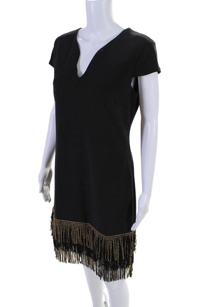 Frank Lyman Womens Back Zip Short Sleeve Studded Fringe Dress Black Size 10