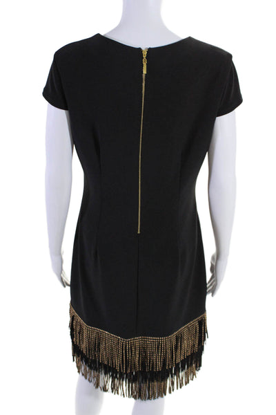 Frank Lyman Womens Back Zip Short Sleeve Studded Fringe Dress Black Size 10