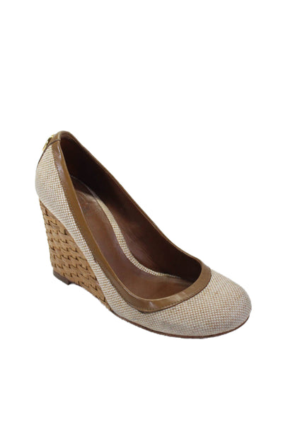 Tory Burch Womens Leather Round Toe Woven Heel Wedges Brown Size 8