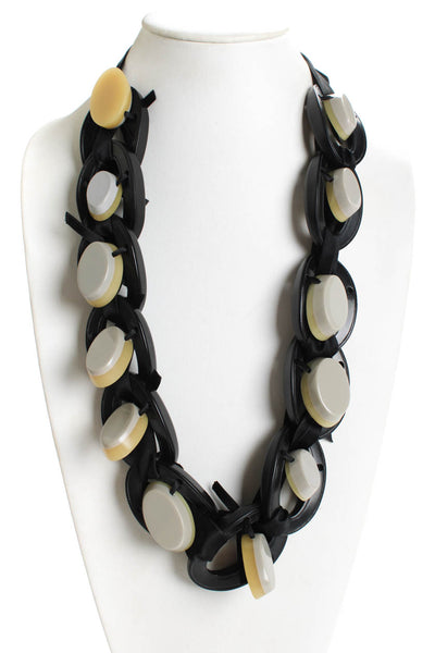 Marni Womens Black Cream Chuncky Beaded Link Ribbon Statement 24" Necklace