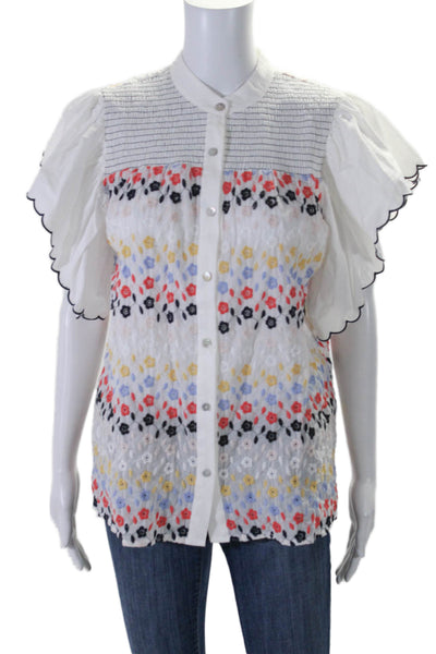 Boho Chic Womens Embroidered Short Sleeve Button Down Blouse White Small