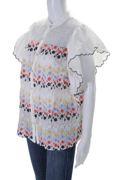 Boho Chic Womens Embroidered Short Sleeve Button Down Blouse White Small