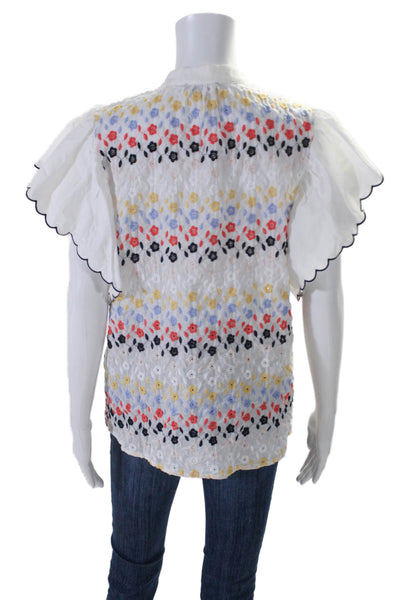 Boho Chic Womens Embroidered Short Sleeve Button Down Blouse White Small