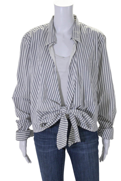 Rene Lezard Womens Striped Collared Long Sleeve Wrap Blouse Top Gray Size 40