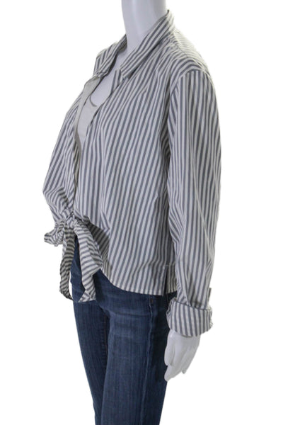 Rene Lezard Womens Striped Collared Long Sleeve Wrap Blouse Top Gray Size 40