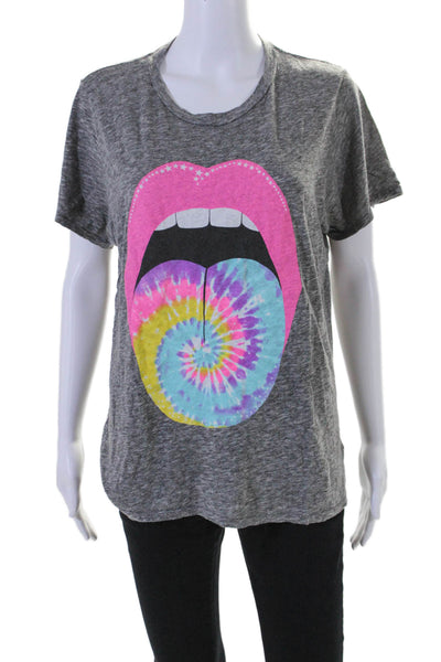 Lauren Moshi Womens Lip Graphic Short Sleeves Tee Shirt Gray Cotton Size Medium