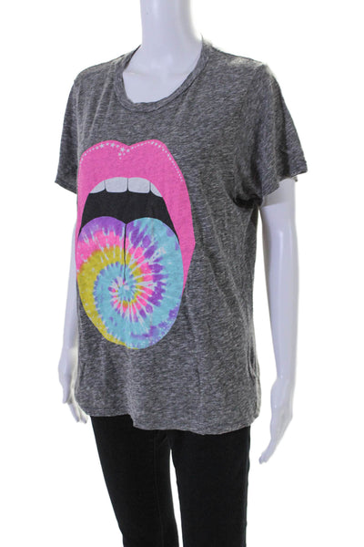 Lauren Moshi Womens Lip Graphic Short Sleeves Tee Shirt Gray Cotton Size Medium