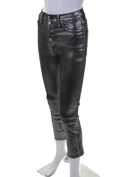 Veronica Beard Womens Metallic High Rise Button Bootcut Pants Silver Size EUR 24